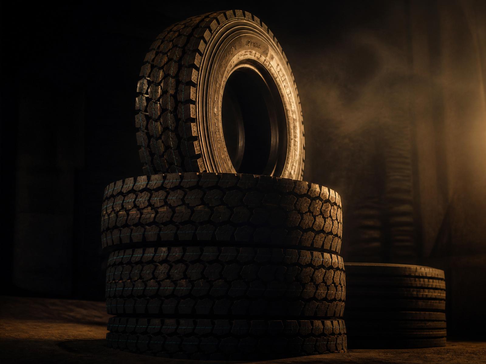 Stacked commercial truck tires in dramatic amber light