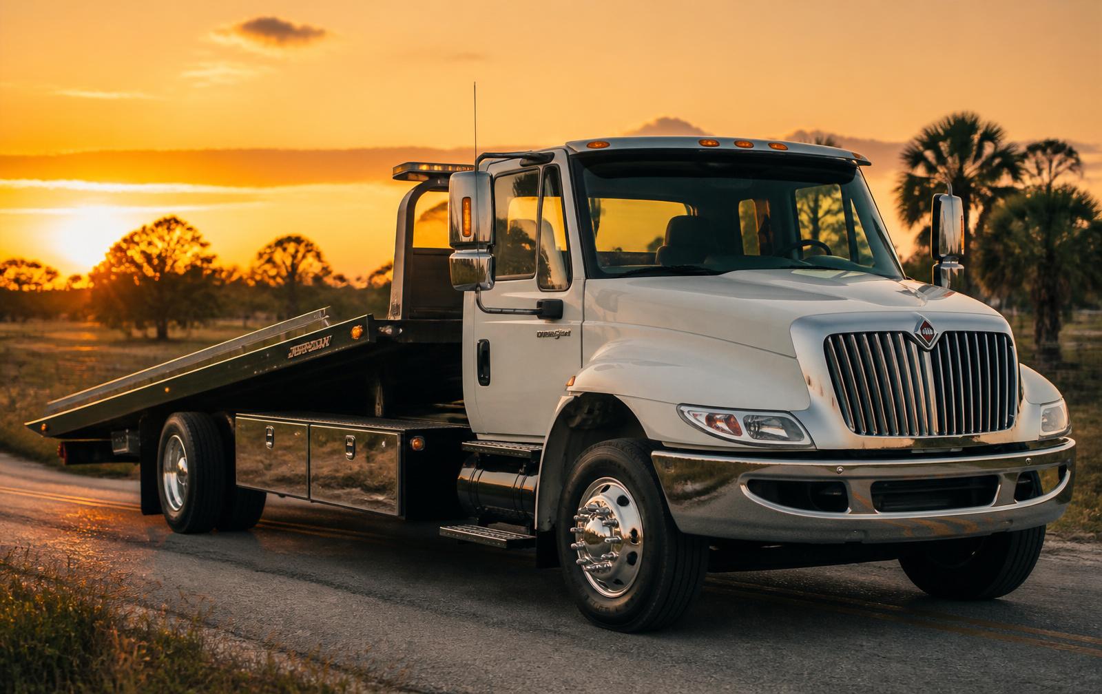 White International DuraStar flatbed tow truck with chrome trim at sunset